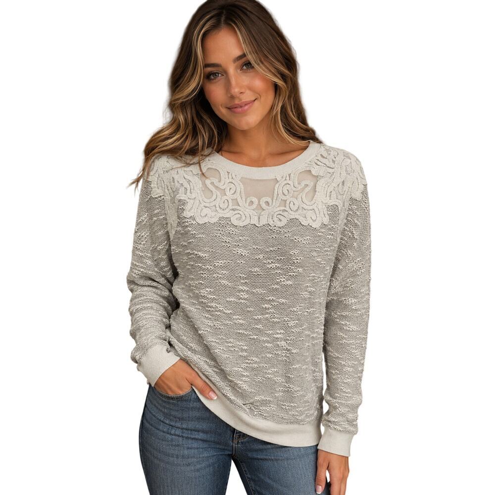 Vintage America S Grey mixed media lace collar textured lightweight sweater #
